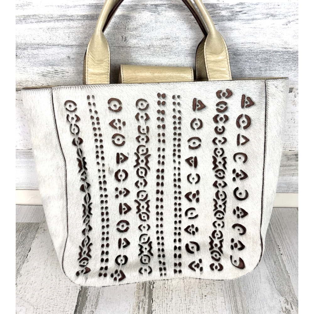 Pibra Womens White Italian Leather Cutout Horsehair Handle Boho Bag Rare